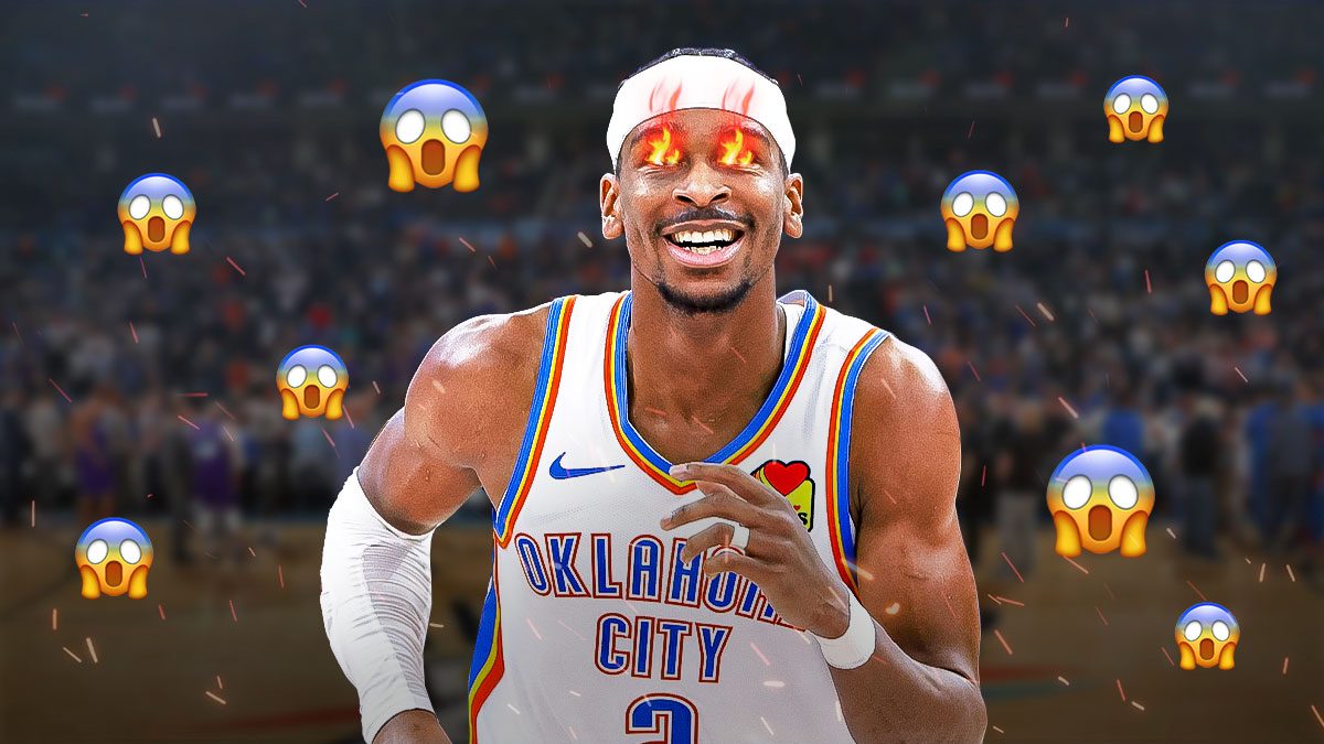 Image of Thunder Shai Gilgeous-Alexander with fire in his eyes looking hyped and happy with a shocked emoji next to him