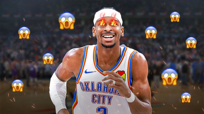 Image of Thunder Shai Gilgeous-Alexander with fire in his eyes looking hyped and happy with a shocked emoji next to him