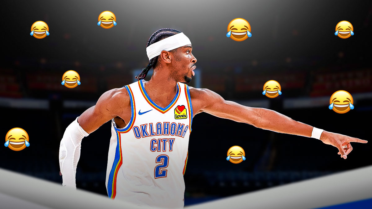 Image of Thunder guard Shai Gilgeous-Alexander (in a Thunder jersey) smiling and pointing with laughing emojis next to him