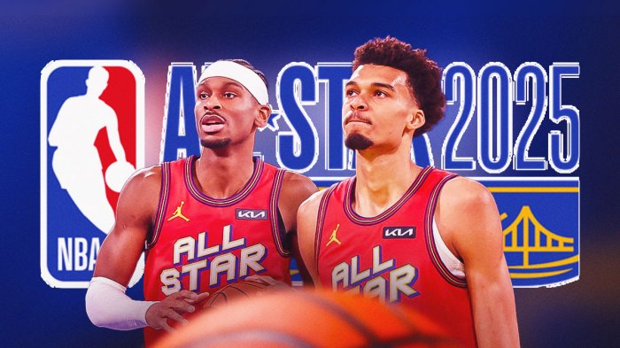 Thunder All-Star Shai Gilgeous-Alexander (in his All-Star uniform) next to Spurs All-Star Victor Wembanyama (in his All-Star uniform) with the 2025 NBA All-Star Game logo in the background