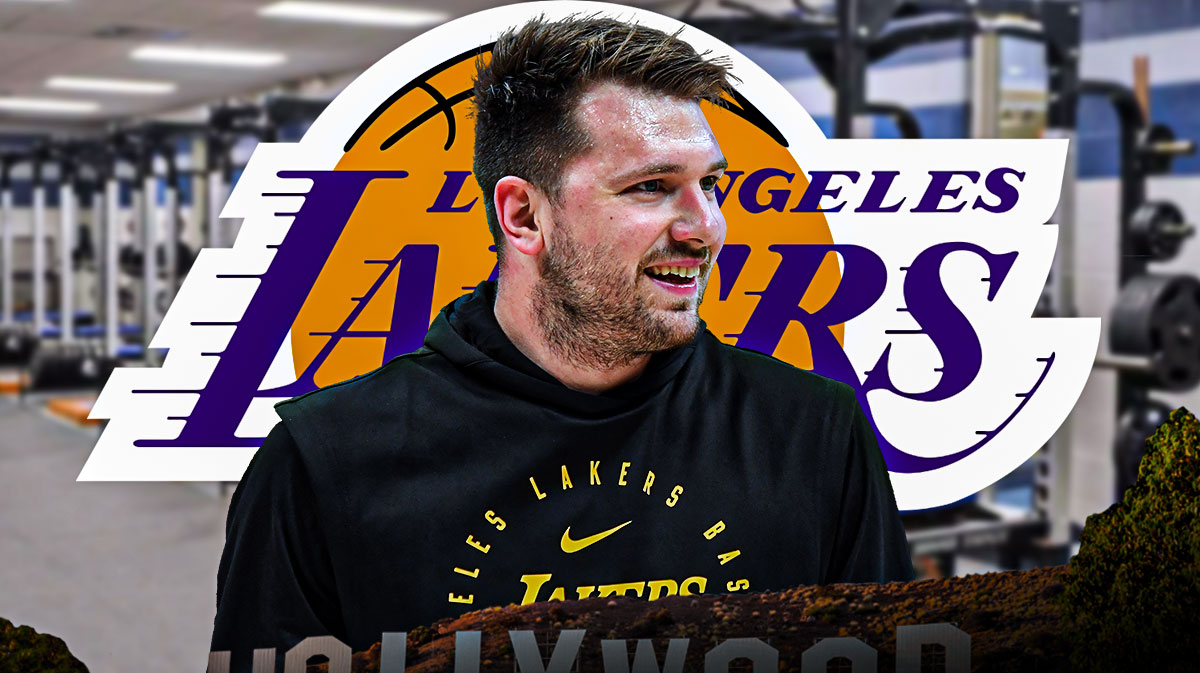 Luka Doncic in the weight room. Lakers logo in the background.