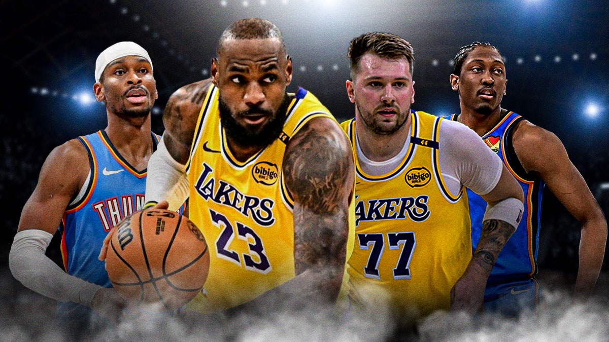 Photo: LeBron James, Luka Doncic in action in Lakers jerseys, Shai Gilgeous-Alexander, Jalen Williams in Thunder jerseys behind them