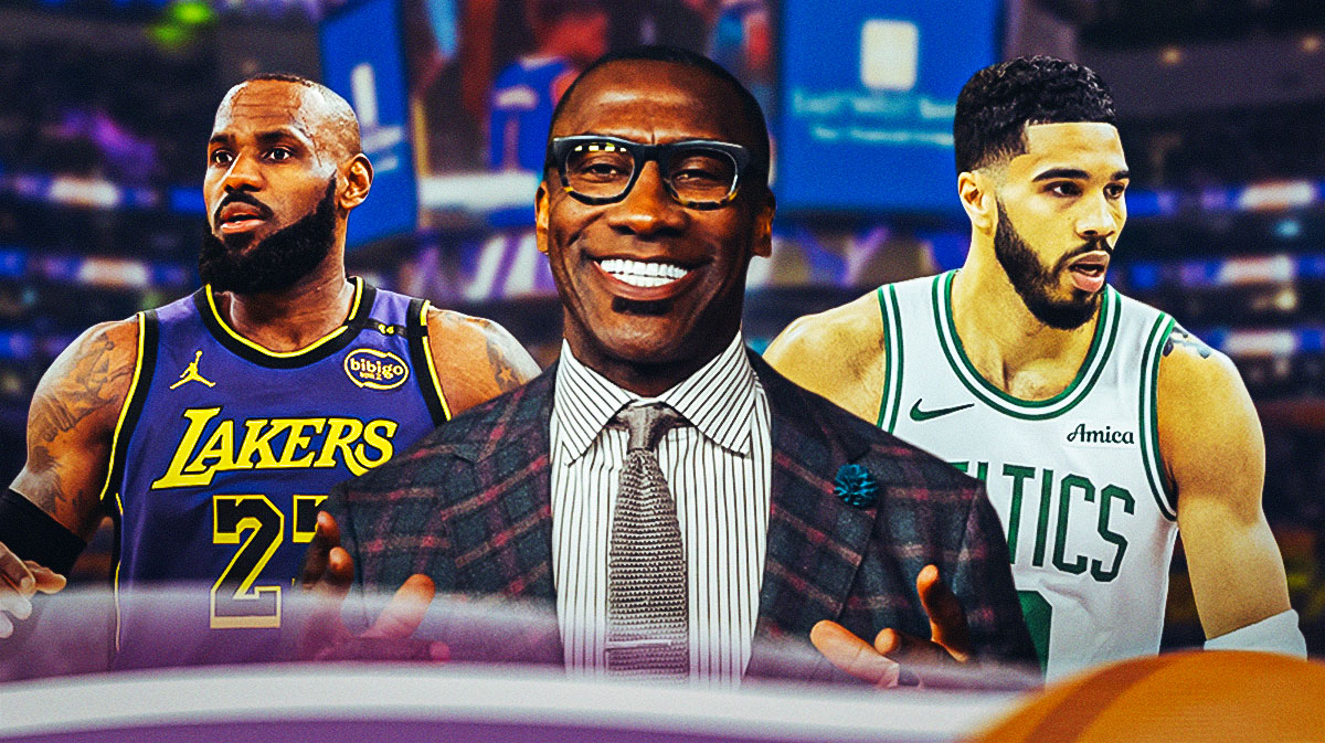 Shannon Sharpe in the middle of Los Angeles Lakers star LeBron James and Jayson Tatum in front of Crypto.com Arena.