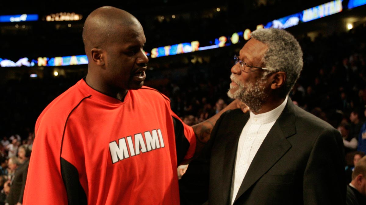 NBA All-Star Game -- Shaquille O'Neal chats with legend Bill Russell before All-Star Game. 