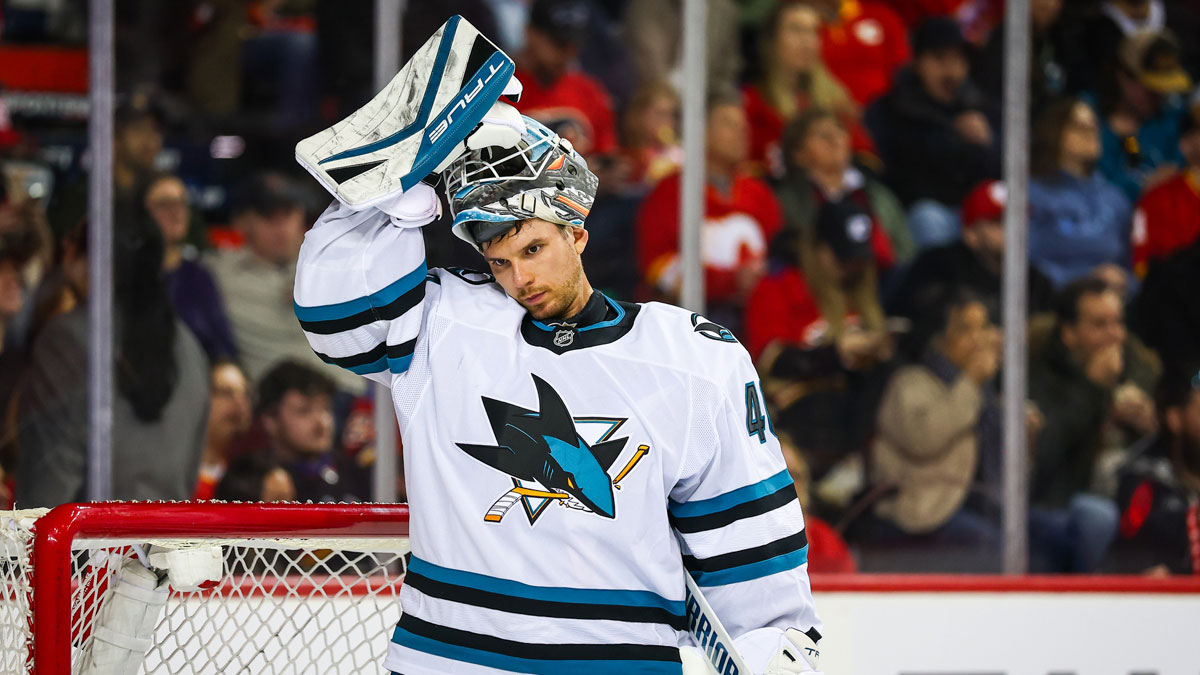 San Jose Sharks goaltender Alexandar Georgiev (40) during the second period against the Calgary Flames at Scotiabank Saddledome.