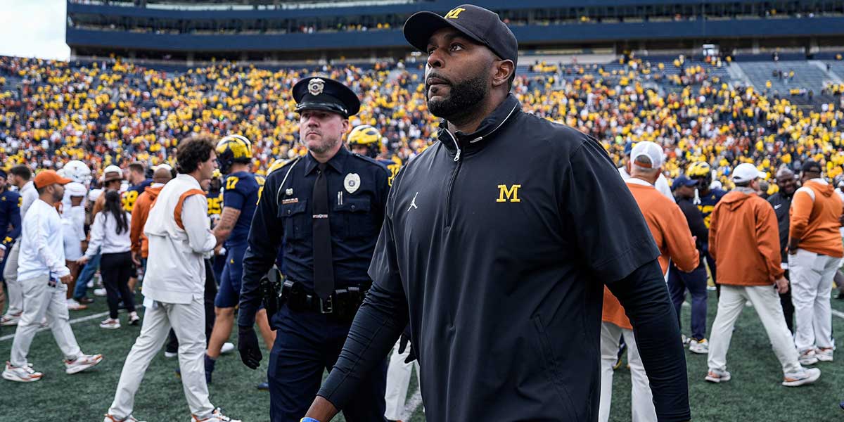 Michigan coach Sherrone Moore walks off the field after his team's 31-12 loss to Texas at Michigan Stadium in Ann Arbor on Saturday, Sept. 7, 2024.