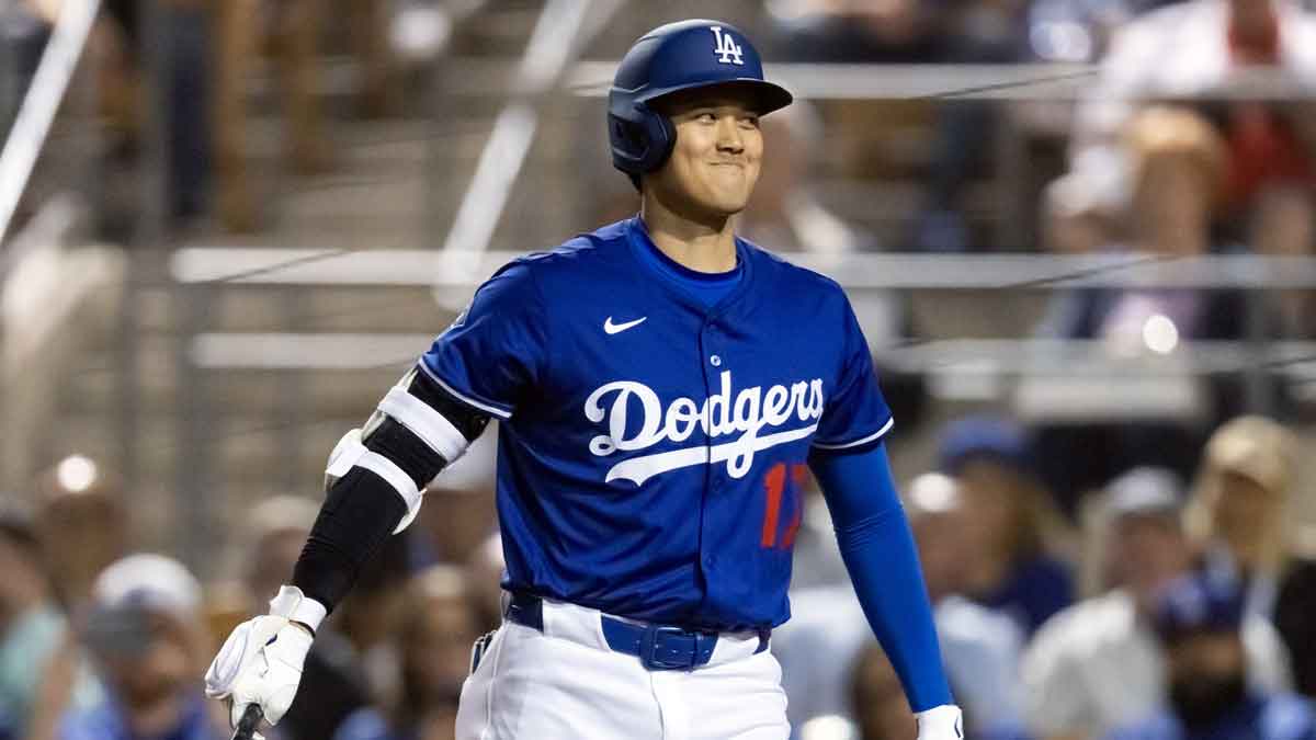 Los Angeles Dodgers designated hitter Shohei Ohtani (17) against the Los Angeles Angels during a spring training game at Camelback Ranch-Glendale.