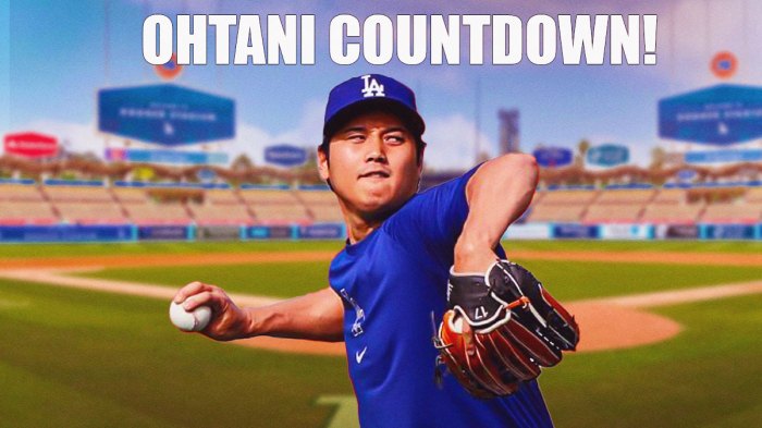 Shohei Ohtani pitching in a Los Angeles Dodgers uniform with the words: Ohtani Countdown! on the top of the image