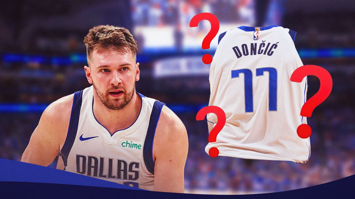 Featured image on Luka Doncic (wearing a Mavs jersey) next to an image of the back of his Mavs Jersey. Question marks next to it.