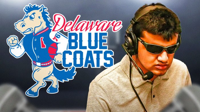 Need of photo of blind broadcaster ALLEN WYLIE along with the logo of the Delaware Blue Coats basketball team