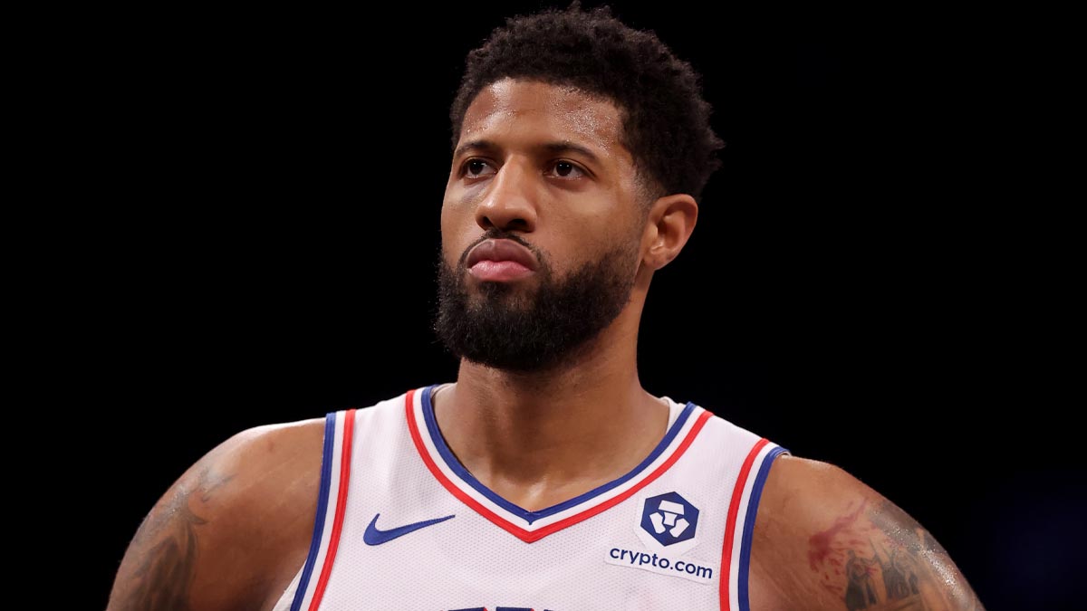 Philadelphia 76ers forward Paul George (8) reacts during the fourth quarter against Brooklyn network in Barclays Center.