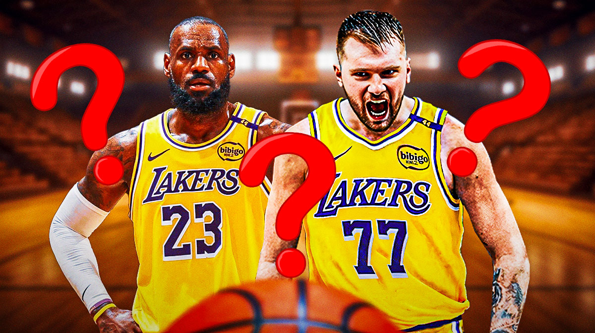 LeBron James and Luka Doncic in image, 3-5 question marks, basketball court in background injury Pacers