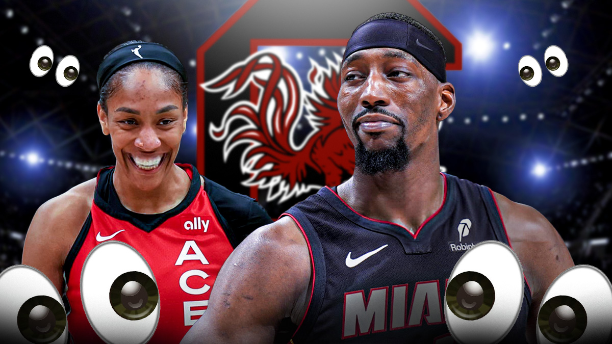 A'ja Wilson, Bam Adebayo, South Carolina Gamecocks logo, eyes symbols surrounding Wilson and Adebayo