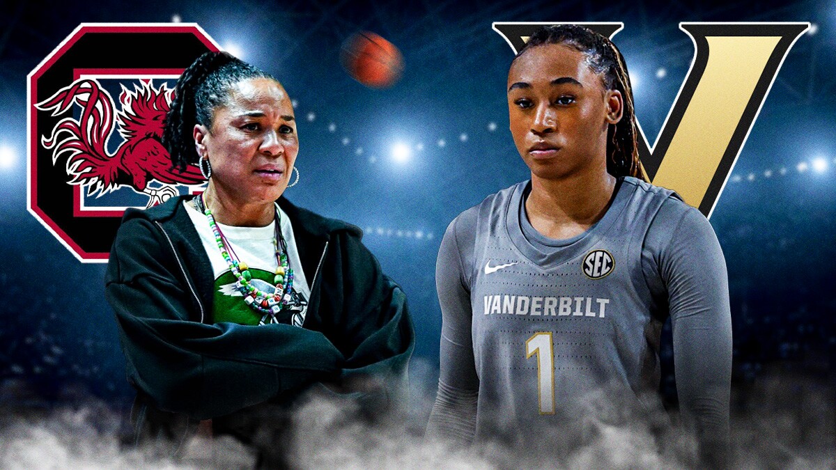 Dawn Staley, Mikayla Blakes, South Carolina and Vanderbilt logos, fire symbols