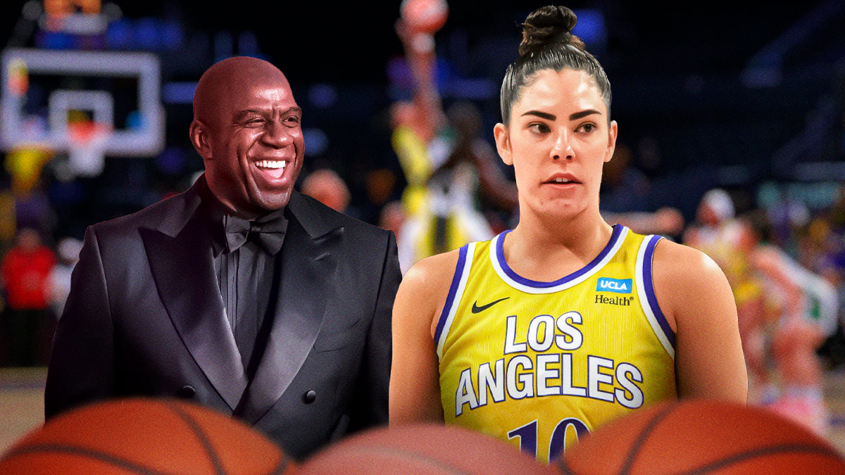 Magic Johnson smiling on left. Kelsey Plum in a Los Angeles Sparks 2024 jersey on right.