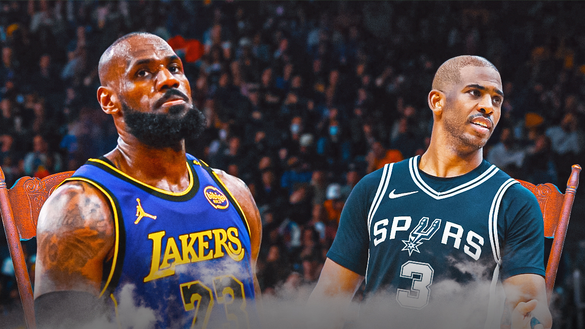 Lakers' LeBron James and Spurs' Chris Paul sitting on rocking chairs