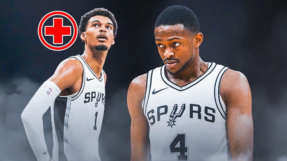 De'Aaron Fox looking concerned image, Victor Wembanyama image that indicates he's out/injured, Spurs logo