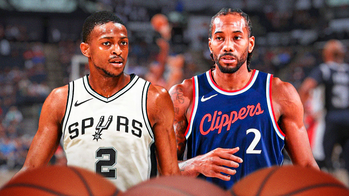 De'Aaron Fox wearing Spurs #2 jersey next to Kawhi Leonard