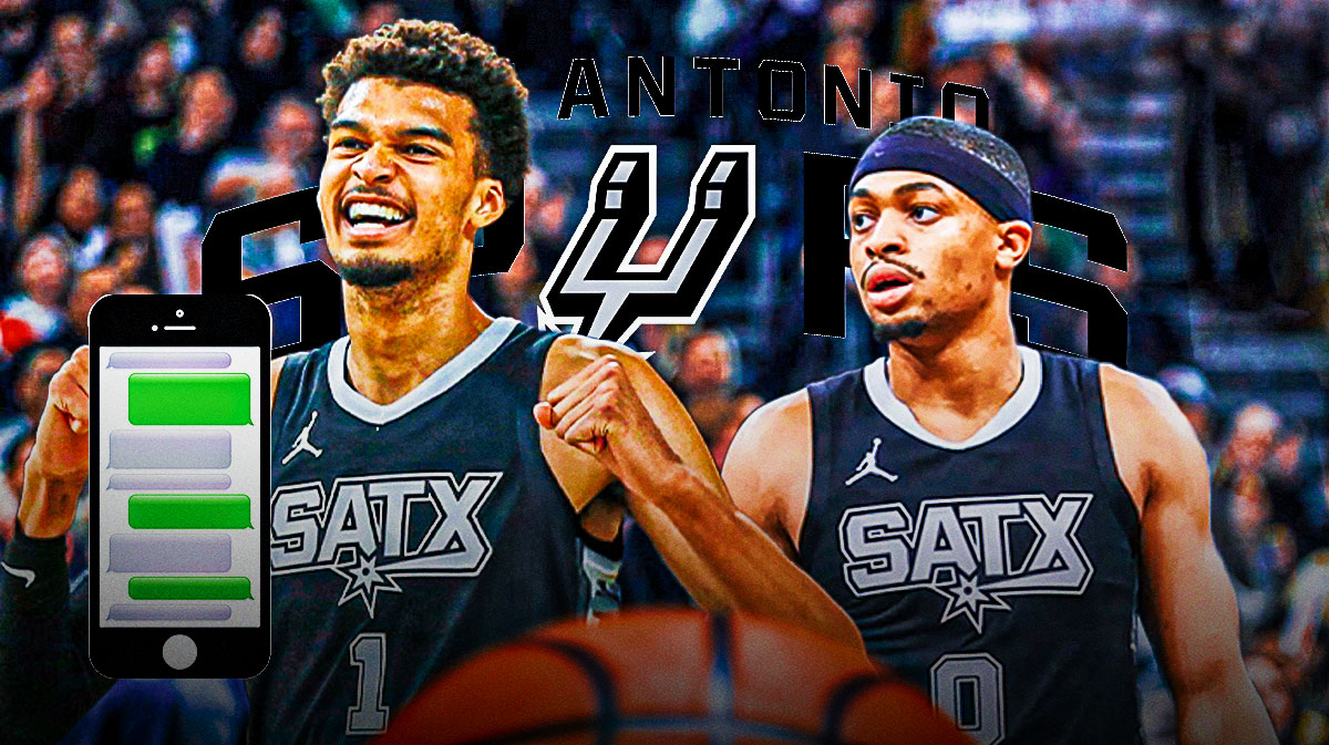 Keldon Johnson image looking concerned, Victor Wembanyama image looking happy, image of a phone (something indicating a text message), Spurs logo