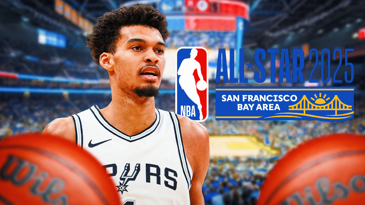 Spurs' Victor Wembanyama, 2025 NBA All-Star Game, Chase Center behind him