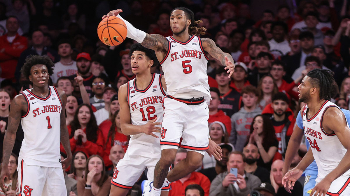 St. John's Red Storm guard Deivon Smith (5) grabs a rebound in the second half against the Marquette Golden Eagles at Madison Square Garden.