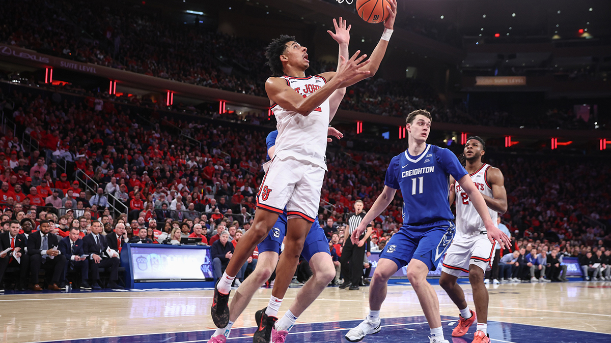 St. John's Red Storm guard RJ Luis Jr. (12) drives to the basket in the second half against the Creighton Bluejays at Madison Square Garden.