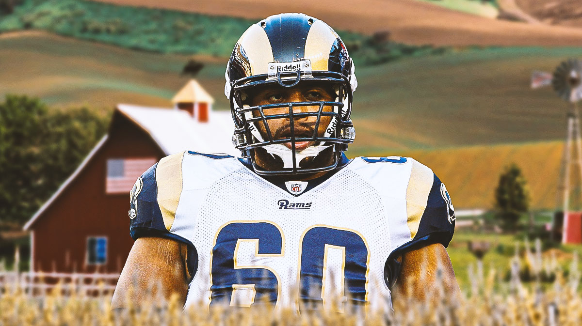 NFL Lineman Jason Brown in image looking happy, farm in background