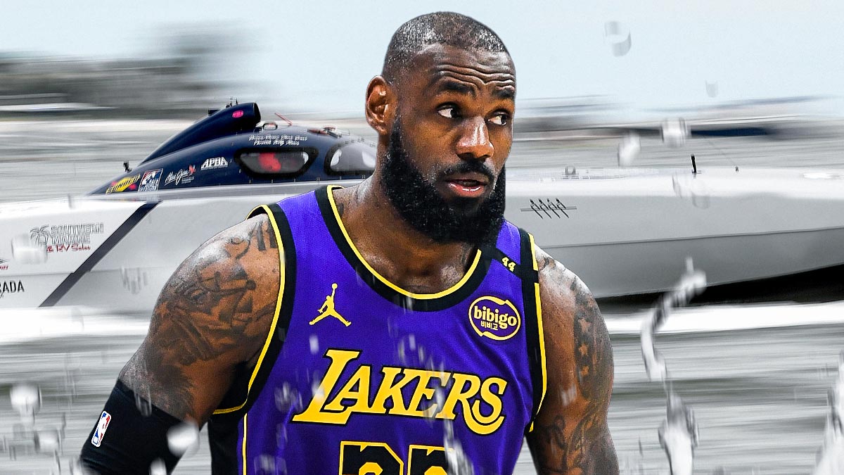 Los Angeles Lakers star LeBron James with powerboat behind him.