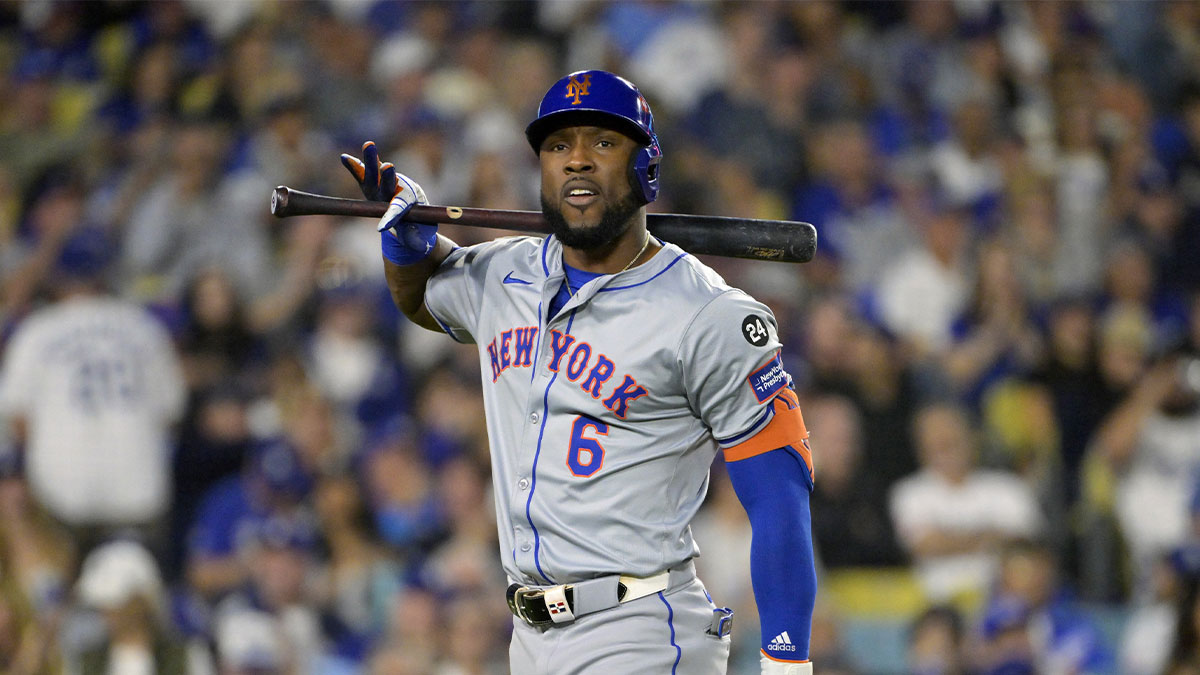 New York Mets outfielder Starling Marte (6) reacts after striking out in the fifth inning against the Los Angeles Dodgers during game six of the NLCS for the 2024 MLB playoffs at Dodger Stadium.