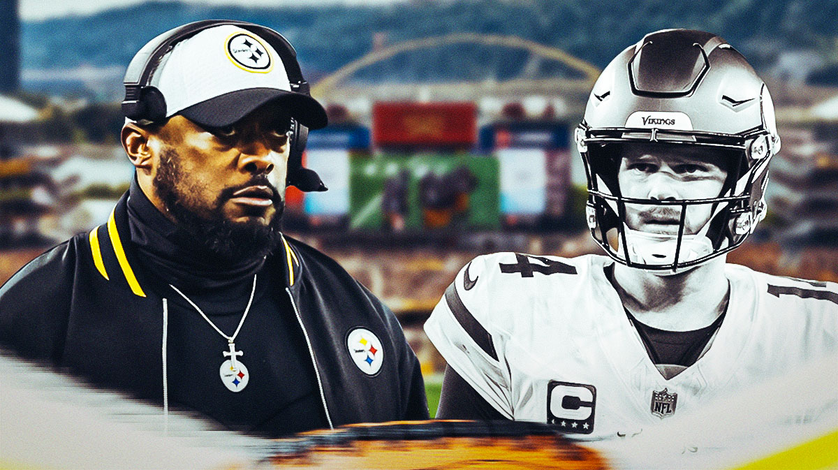 Steelers Mike Tomlin looking at a black and white Sam Darnold