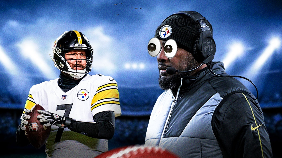 Ben Roethlisberger and Pittsburgh Steelers head coach Mike Tomlin looking at him with big cartoon eyes as the steelers future with tomlin is up in the air after six straight playoff losses.