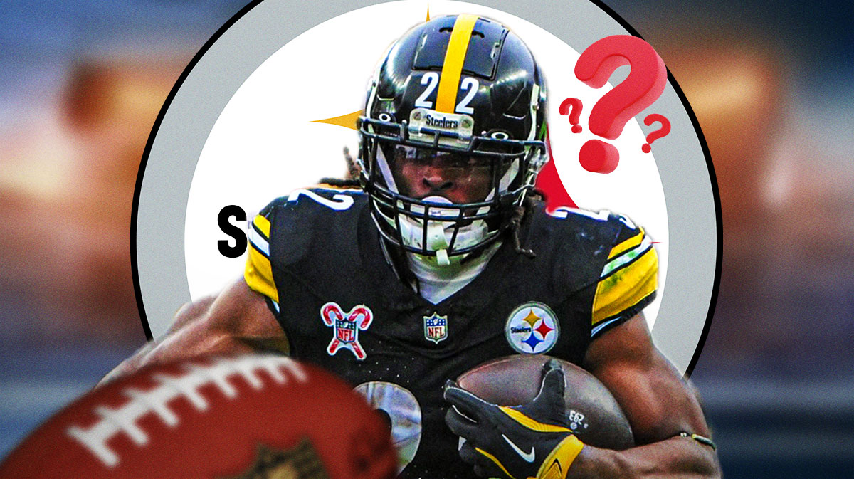 Steelers Najee Harris with question marks around him. Pittsburgh Steelers logo in background in NFL free agency
