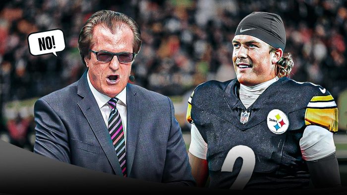 Jaxson Dart wearing a number 2 Steelers uniform next to Mel Kiper Jr. with a text bubble reading "No!"