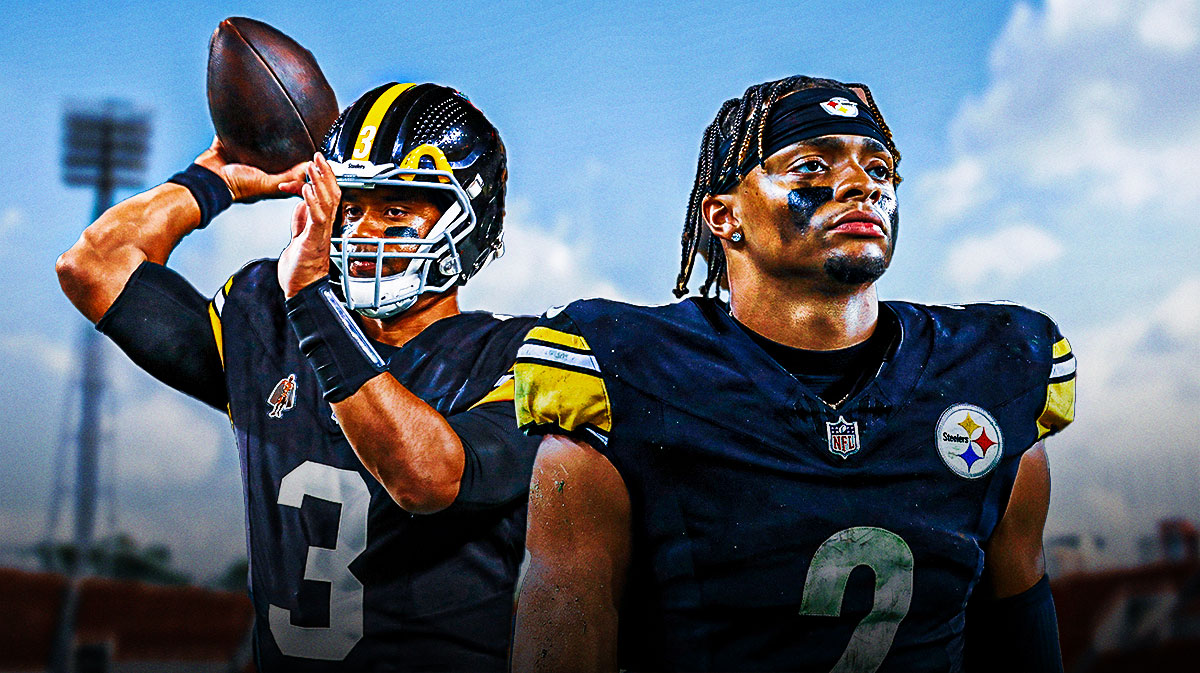 Steelers, Russell Wilson, Justin Fields, Steelers QB, Omar Khan, Russell Wilson and Justin Fields in Steelers unis with Steelers stadium in the background