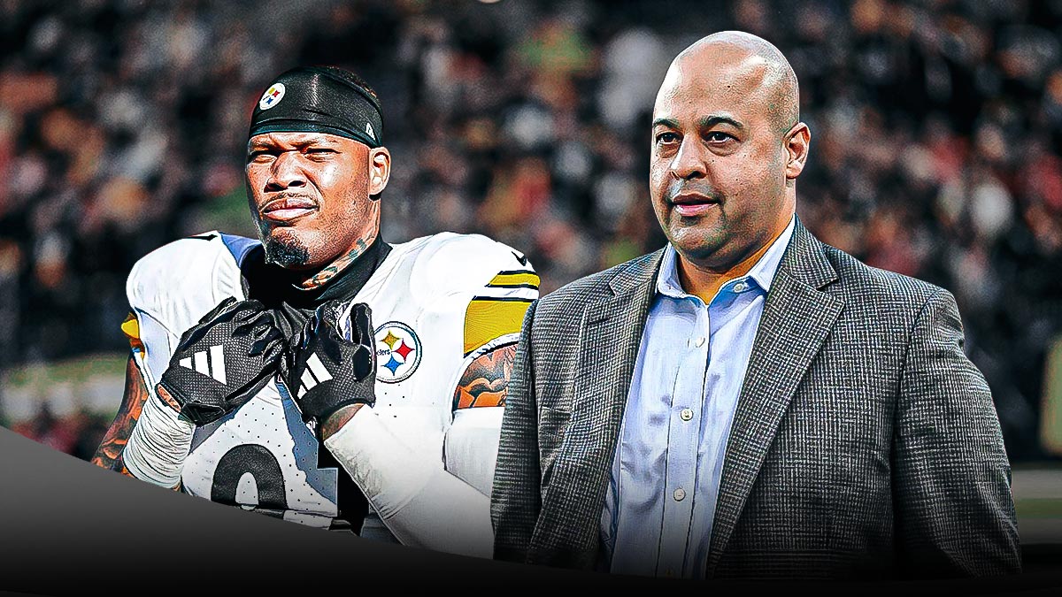 LB Preston Smith on the left, Steelers GM Omar Khan on the right