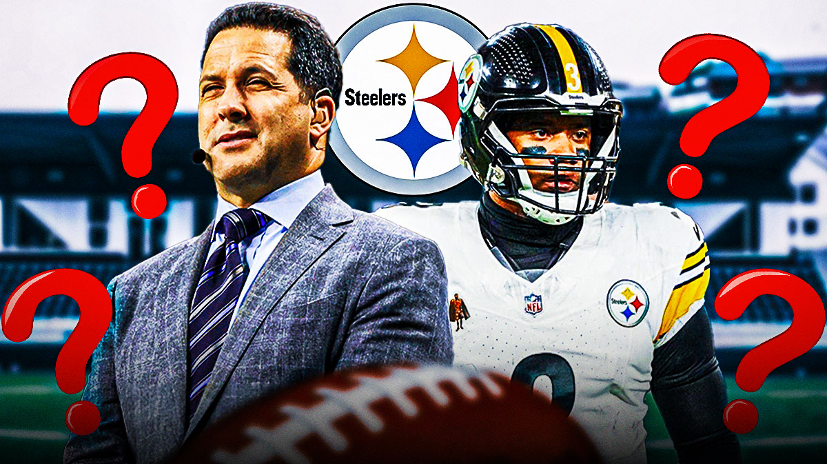 NFL insider Adam Schefter next to Pittsburgh Steelers QB Russell Wilson. They are surrounded by question mark emojis. There is also a logo for the Pittsburgh Steelers.