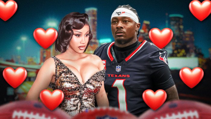 Cardi B and Houston Texans receiver Stefon Diggs, who may be starting a romance after being seen on Valentine's Day together, with hearts around them.