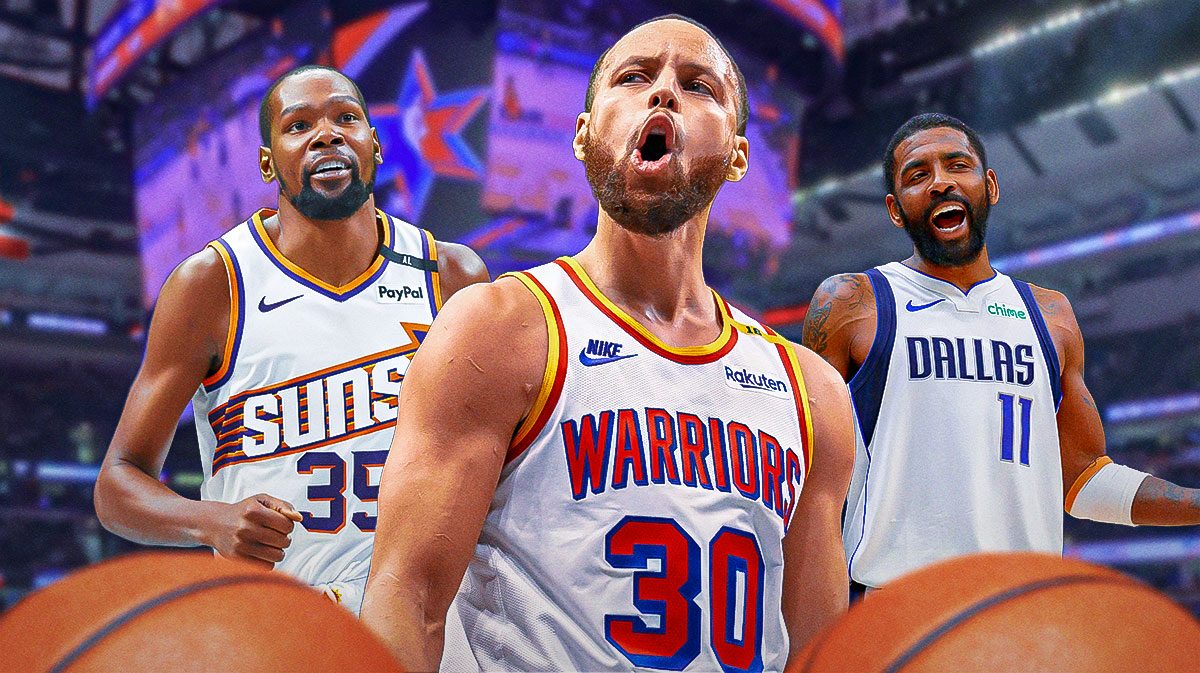 Stephen Curry large and in the middle with Kevin Durant and Kyrie Irving in the background all smiling