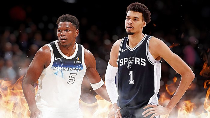 Spurs, Stephen A. Smith, Victor Wembanyama, Anthony Edwards, NBA, Anthony Edwards in TWolves uni and Victor Wembanyama in Spurs uni, fire on graphic, basketball background
