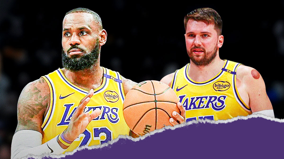 Lakers, Luka Doncic, LeBron James, Luka Doncic LeBron James, Luka Doncic Lakers, LeBron James and Luka Doncic in Lakers unis smiling, fire on graphic, Lakers arena in the background