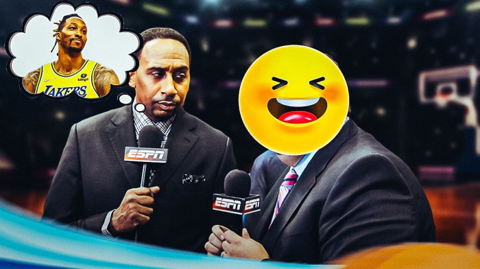 Brian Windhorst with a laughing emoji over his face, and Stephen A Smith with a thought bubble that has Dwight Howard in a Lakers jersey in it.