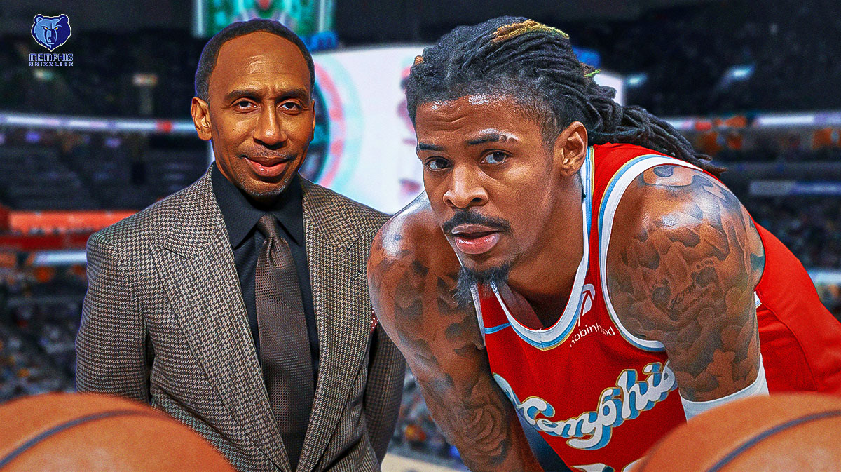 Grizzlies' Ja Morant next to ESPN's Stephen A Smith with the Grizzlies logo in the background