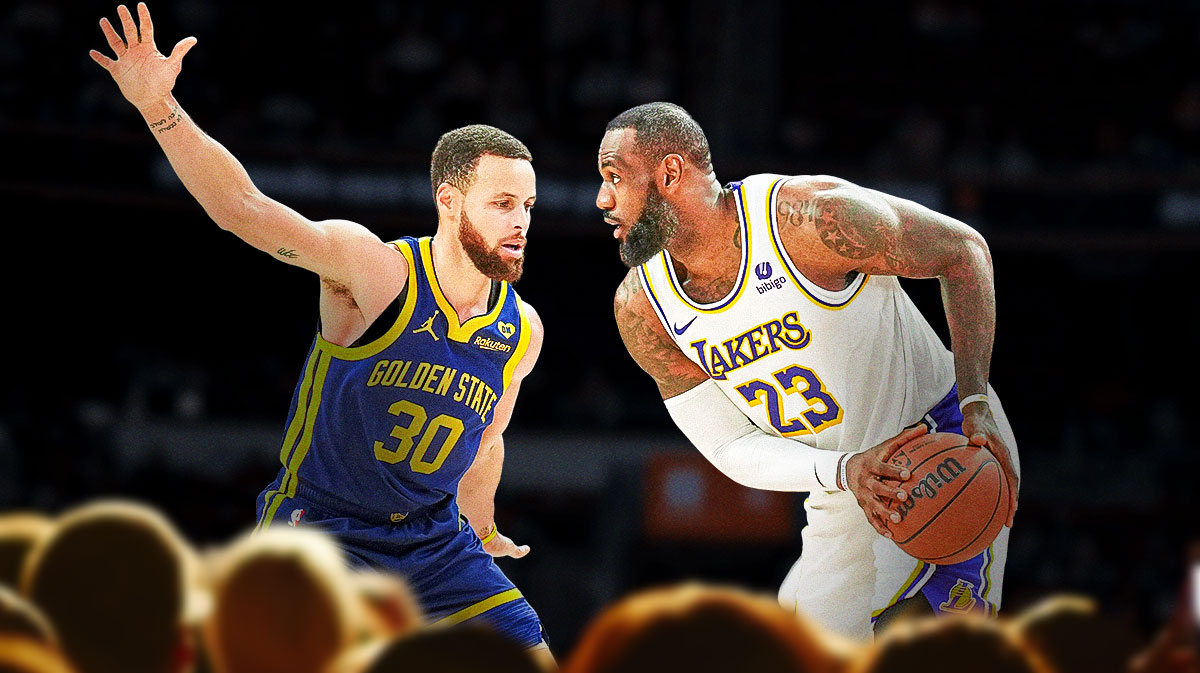 Golden State Warriors star Stephen Curry and LeBron James in front of Chase Center.