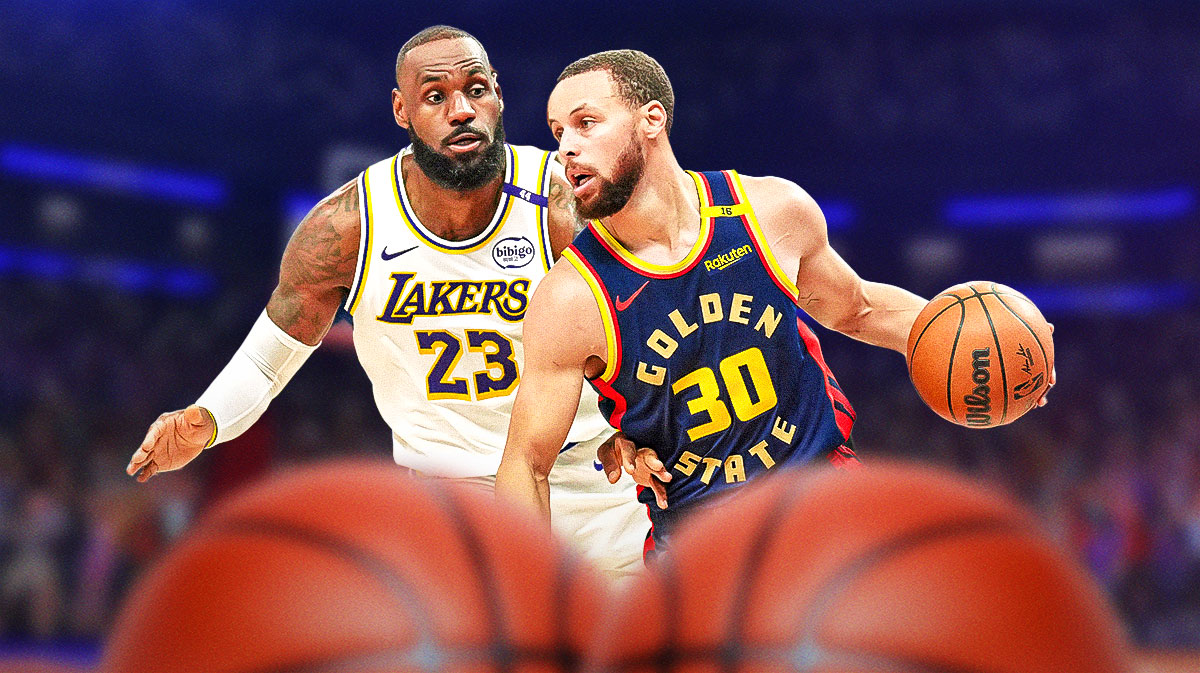 Golden State Warriors star Stephen Curry and LeBron James in front of the Chase Center.