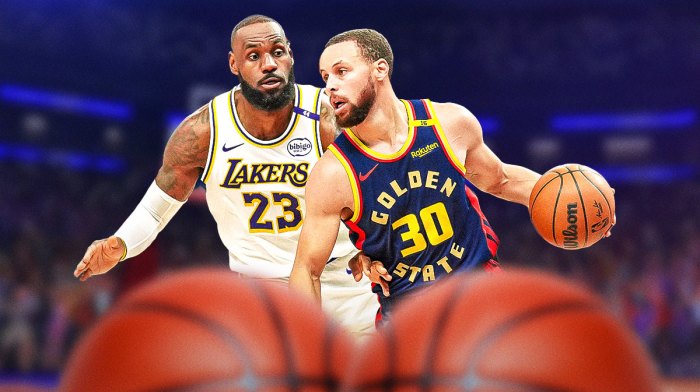 Golden State Warriors star Stephen Curry and LeBron James in front of the Chase Center.
