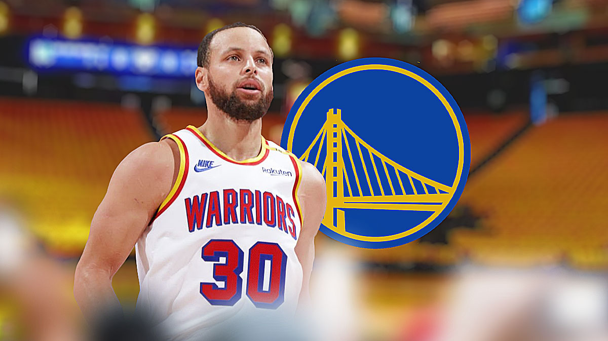 Warriors superstar Stephen Curry next to the Warriors logo with the old Oracle Center in the background