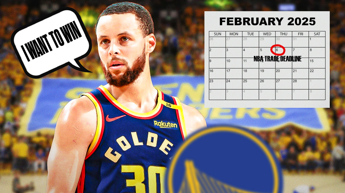 Stephen Curry with a thought bubble that says "I want to win" and a calendar next to him. On the calendar, February 6 is marked and says "NBA Trade Deadline" on it