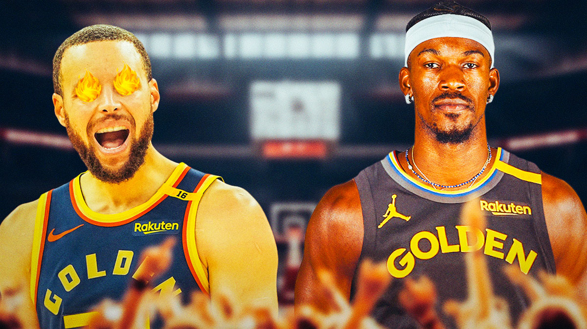 Stephen Curry with fires on his eyes, Jimmy Butler in a Warriors uniform