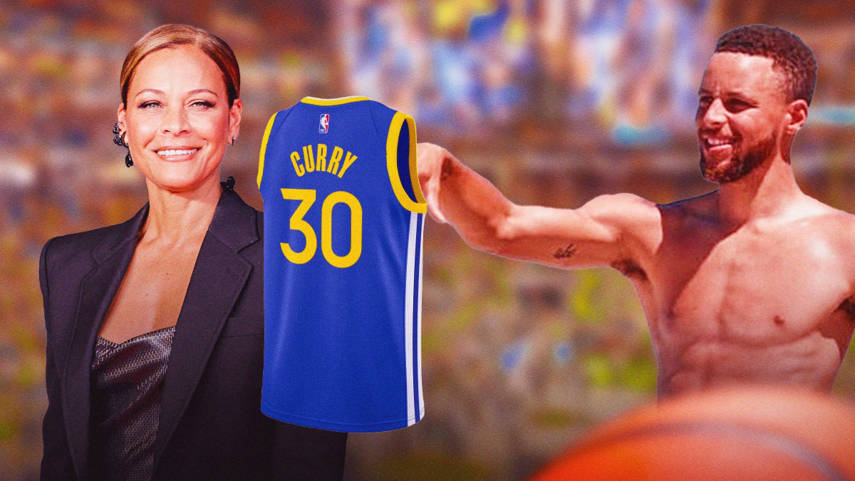 Sonya Curry holds Steph Curry jersey and smiles. Steph (topless) smiles at her