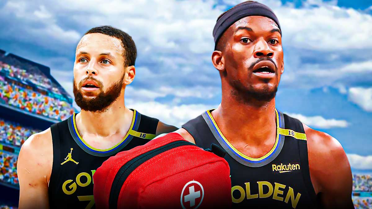 Warriors superstar Stephen Curry next to Warriors forward Jimmy Butler with the health symbol and the Warriors logo in the background